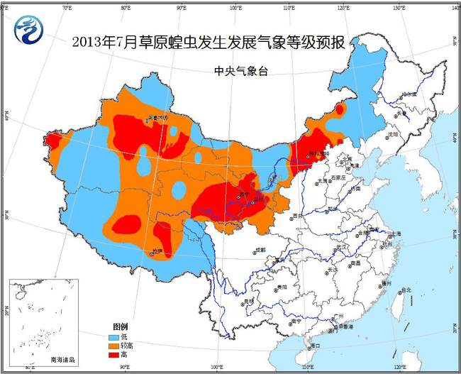 北方部分地區(qū)7月份草原蝗蟲(chóng)發(fā)生發(fā)展氣象等級(jí)高