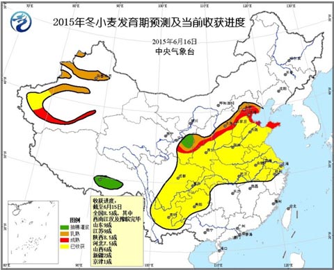 2015年6月17-19日冬小麥發(fā)育期預(yù)測(cè)及當(dāng)前收獲進(jìn)度