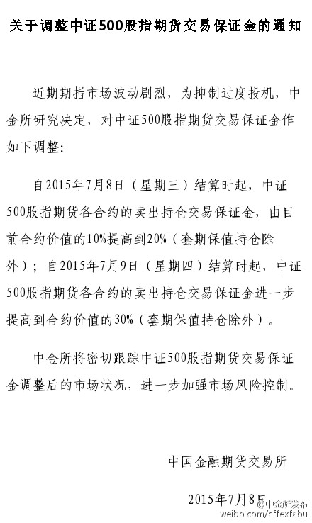 北京7月8日訊，據(jù)中國金融期貨交易所官方微博消息，7月8日起，中證500股指期貨各合約的賣出持倉交易保證金，由目前合約價值的10%提高到20%。7月9日起，中證500股指期貨各合約的賣出持倉交易保證金進(jìn)一步提高到合約價值的30%。