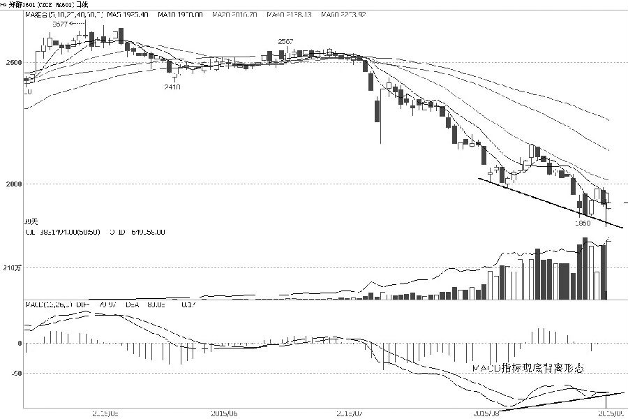 近日，甲醇主力1601合約出現(xiàn)反復(fù)大幅波動(dòng)，成交量和持倉量也相對(duì)8月中上旬有明顯的增加跡象。這說明甲醇在1900元/噸附近多空的爭奪更為激烈，分歧加大。相對(duì)于8月上旬的階段性低點(diǎn)而言，雖然8月下旬甲醇期貨價(jià)格創(chuàng)出新低，但MACD指標(biāo)卻出現(xiàn)了底背離的跡象，意味著期貨價(jià)格跌勢(shì)或轉(zhuǎn)為漲勢(shì)。